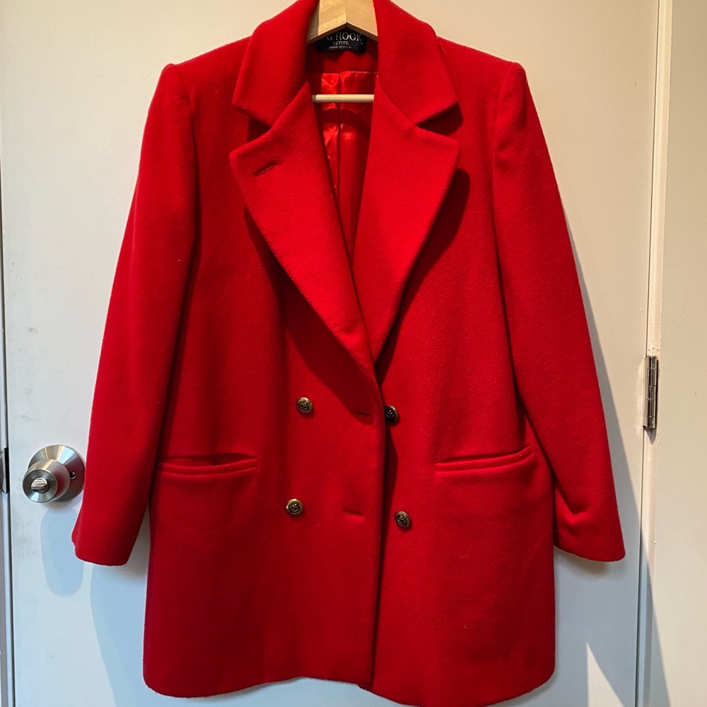 VINTAGE 1980s WOOL JG HOOK PETITE Red Winter Pea Coat with Shoulder Pads